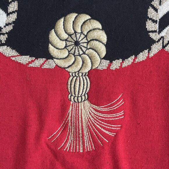 Vintage Jaeger Sweater Womens Medium Embroidered Rope Metallic Black Red - Picture 3 of 9